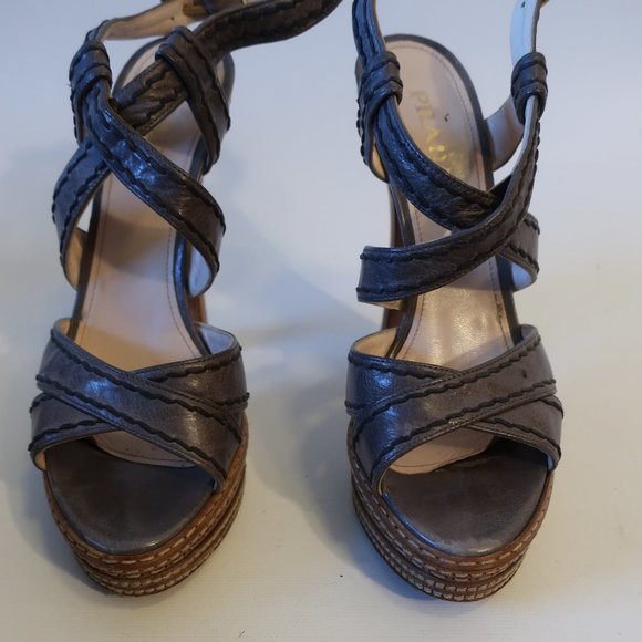 Womens Prada Gray Platform Strappy Leather Heels 38 US/8 * - Picture 5 of 16